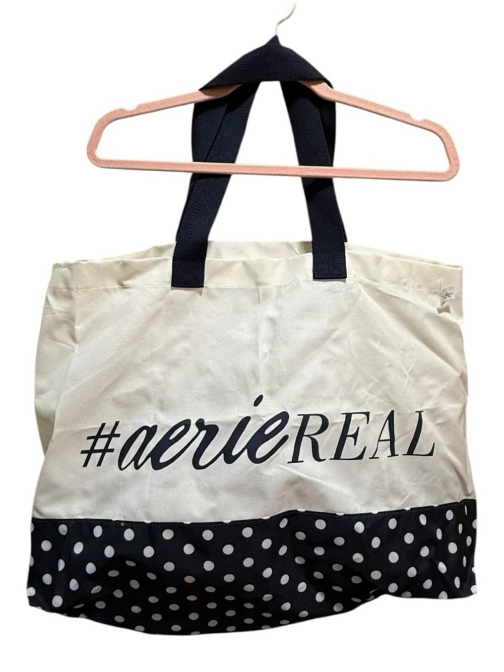 Aerie #AerieREAL Large Canvas Tote Bag Polka Dot Bottom Cream Navy NWT
